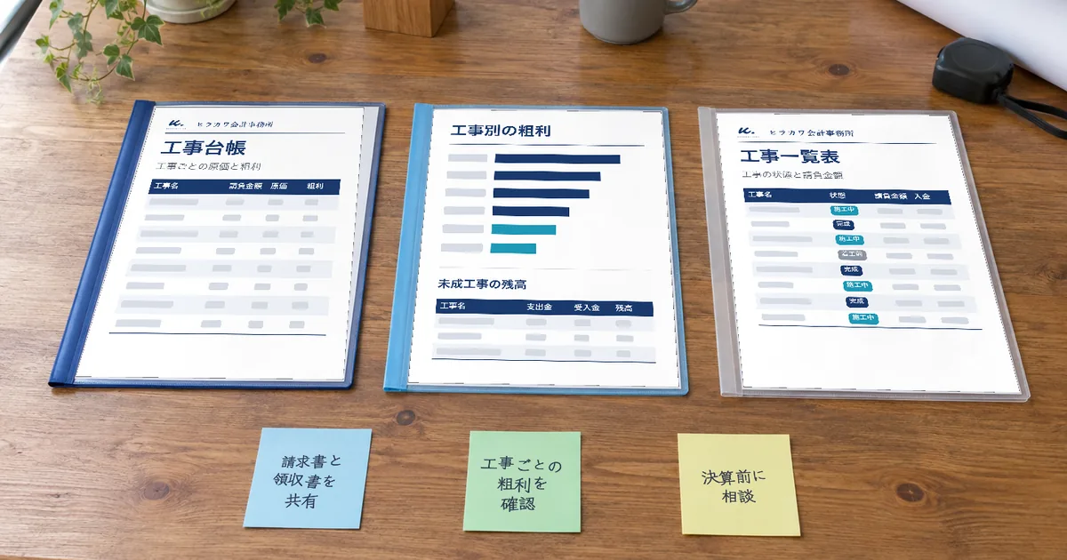 工事台帳・工事別の粗利・工事一覧表を入れたクリアファイルと、メモを書いた付箋