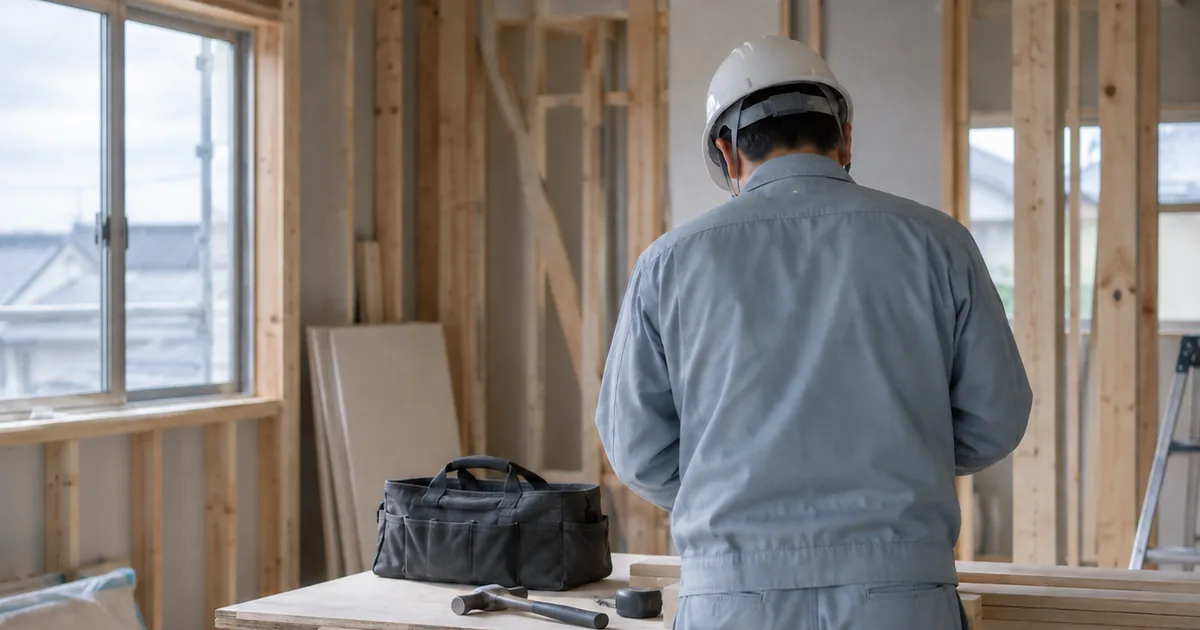木造住宅の現場で一人、道具を確認する職人の後ろ姿