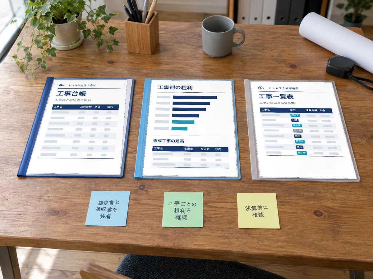 工事台帳・工事別の粗利・工事一覧表を入れた3つのクリアファイルと、メモを書いた付箋