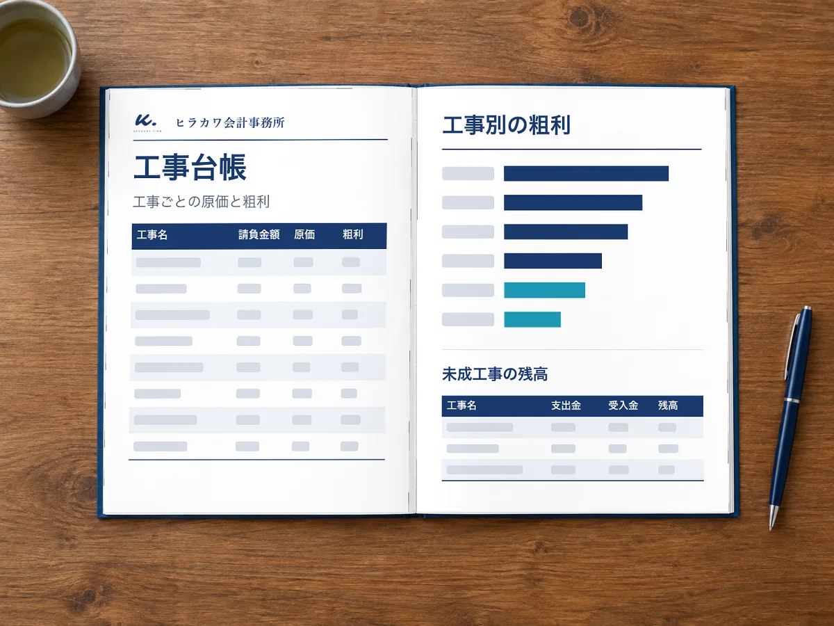 事務所のロゴと工事台帳の表が載った、開いたノート