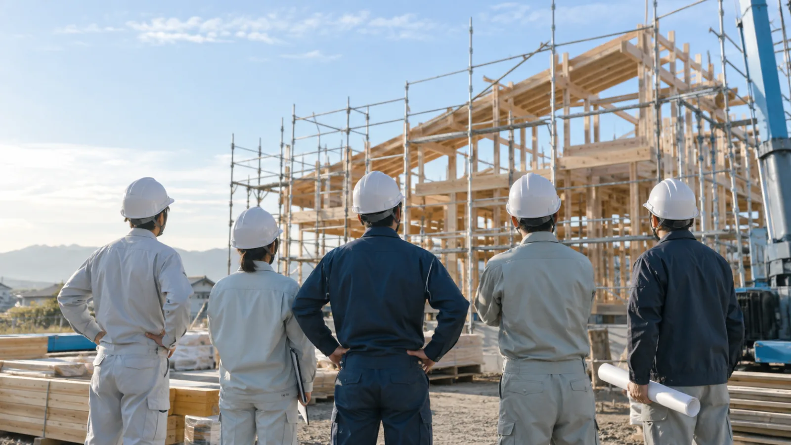 朝の建設現場に並ぶ五人の職人の後ろ姿
